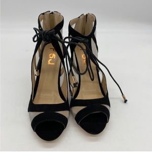 Black Mesh Open Toe Heels